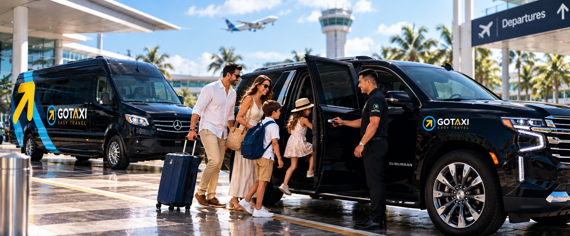 Familia abordando una Suburban GOTAXI con Sprinter al fondo en el aeropuerto